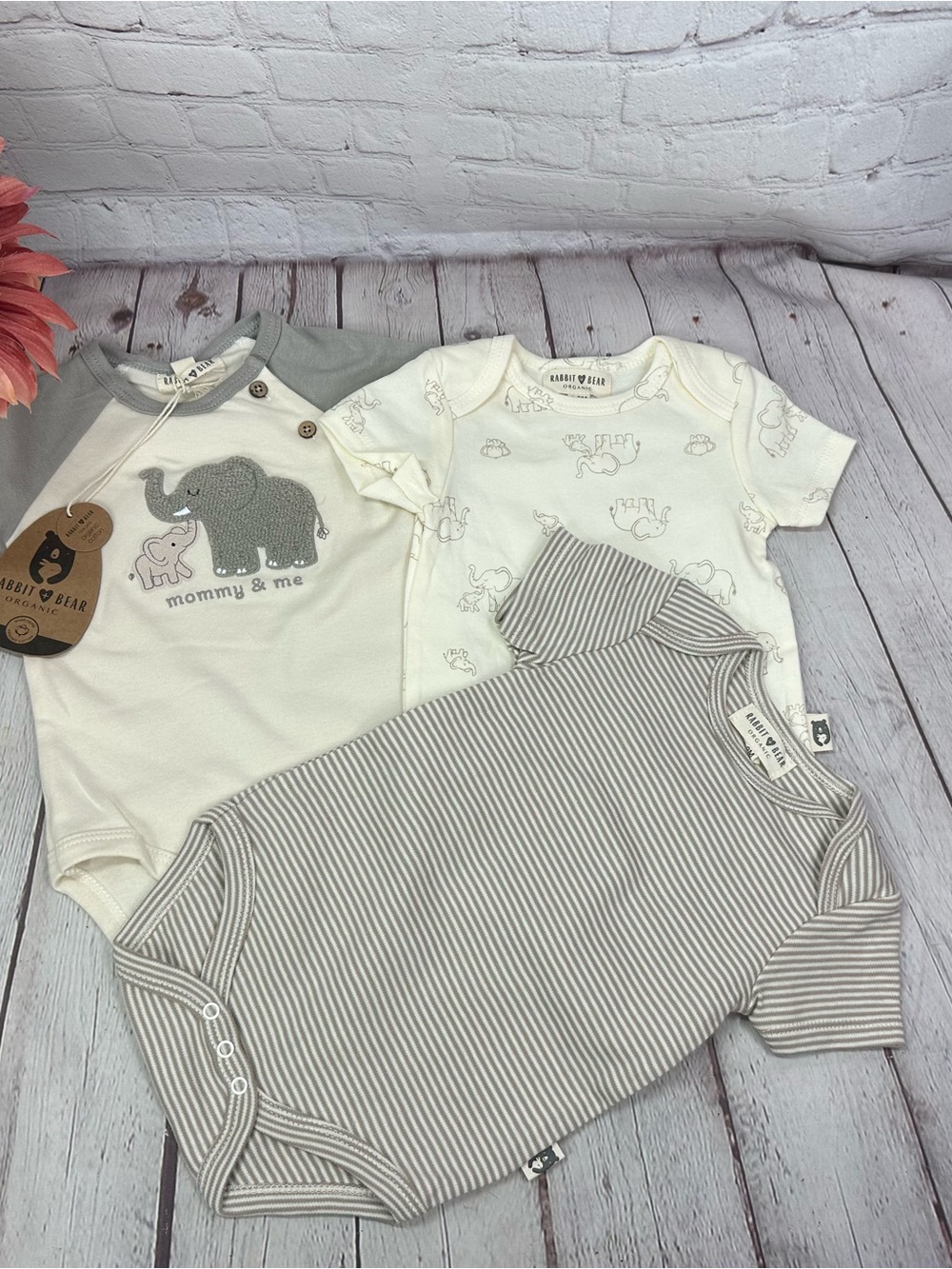 Neutral Elephant & Stripe Baby Bodysuit Set - 3-Pack
